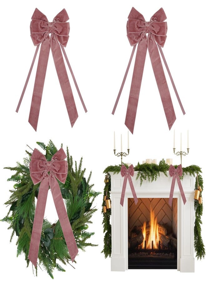 AIMUDI Pink Rosy Velvet Bows - 6.5" x 15" Christmas Bows for Gift Wrapping, Tree, Wreath, Garland, Staircase, Home & Outdoor Winter Decorations, 2 PCs - Image 1